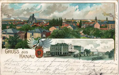 Ansichtskarte Hanau Künstlerkarte - 2 Bild Stadt und Bahnhof 1902