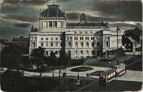 Postcard Pilsen Plzeň Großes Theater, Straßenbahn bei Mondschein 1907