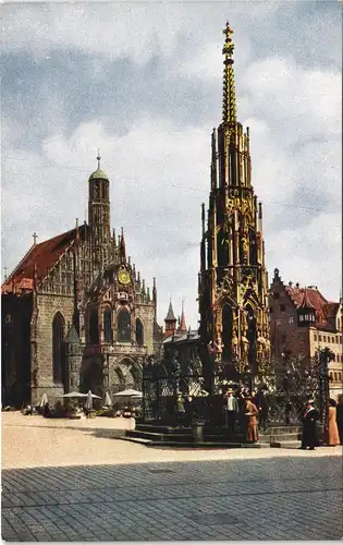 Ansichtskarte Nürnberg Schöner Brunnen mit Frauenkirche Markttreiben 1912