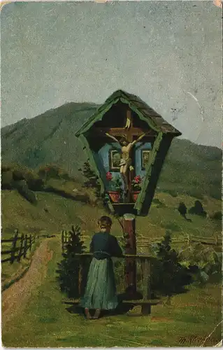 Künstlerkarte: Kunstwerk Frau am Wegkreuz Jesus Th. Kleehaas 1920