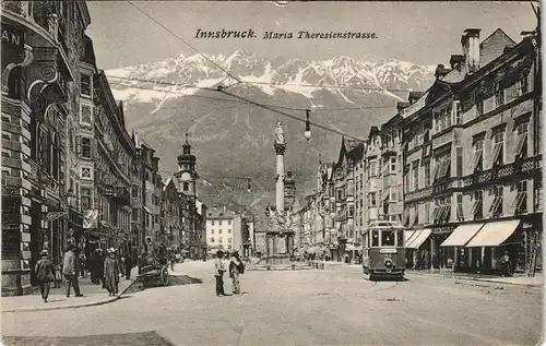 Ansichtskarte Innsbruck Maria Theresienstrasse belebt, Tram Straßenbahn 1910