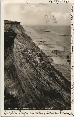 Ansichtskarte Insel Sylt Rote Klippen,m Strand gel Sonderstempel Kampen 1930
