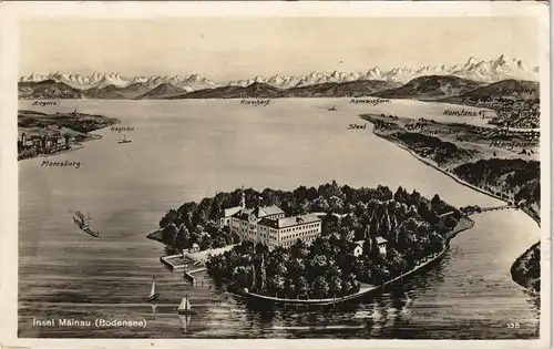 Ansichtskarte Konstanz Künstlerkarte Insel Mainau aus der Vogelschau 1930