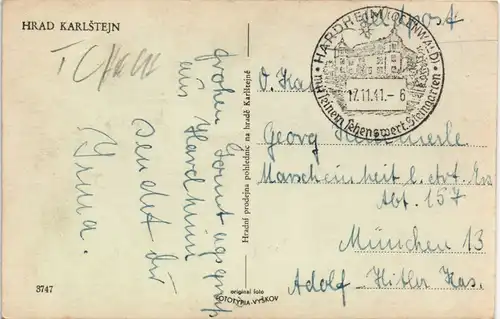 Karlstein Karlštejn Burg Karlštejn, Sonderstempel - gel. Feldpost WK2 1941