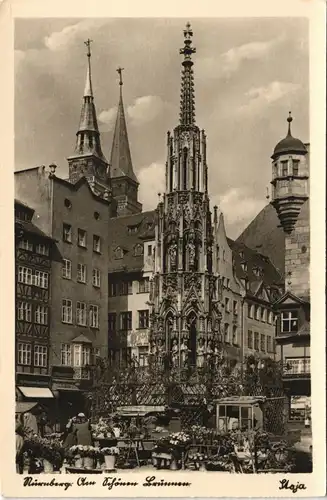 Ansichtskarte Nürnberg Schöner-Brunnen, Blumenstand - Markttreiben 1930