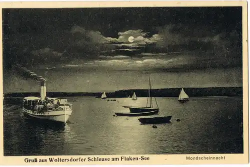 Ansichtskarte Woltersdorf Woltersdorfer Schleuse, Dampfer bei Mondschein 1928