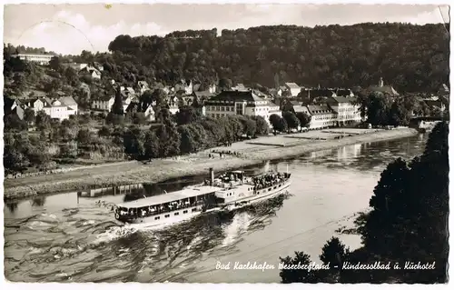 Bad Karlshafen Panorama-Ansicht Weser Fluss-Schiff passiert den Ort 1960