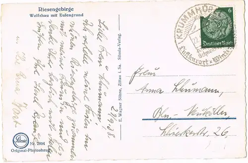 Postcard Wolfshau Riesengebirge mit Eulengrund 1938