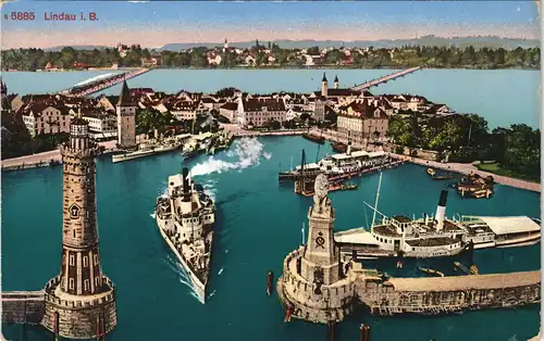 Ansichtskarte Lindau (Bodensee) Hafen - Draufsicht mit Dampfern 1912