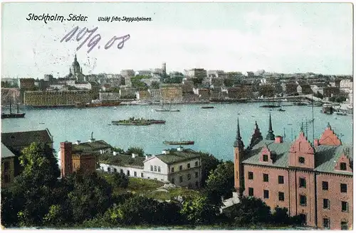 Postcard Stockholm Söder. Utsikt från Skeppsholmen. gelaufen 1913