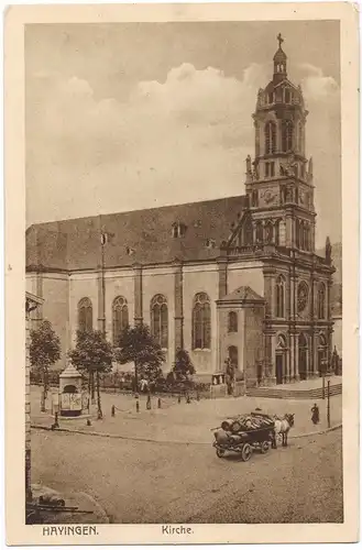 Ansichtskarte Hayingen Kirche, Kutsche - gel Feldpost 1915