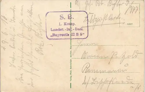 Herbesthal-Lontzen  Bahnhof 1916  Feldpoststempel 1. Landst. Bayreuth III B 5