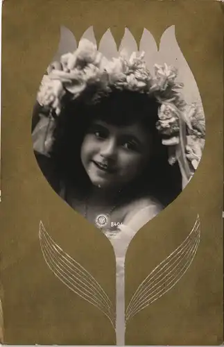 JUGENDSTIL-GOLD- Künstlerkarte Mädchen Tulpe Fotokunst 1909 Gold-Effekt