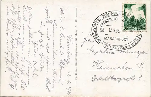 Ansichtskarte Nürnberg Hallertor 1936  gel. Stempel Marschstafeel zum Reichsparteitag Marschpost