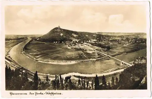 Ansichtskarte Porta Westfalica Gesamtblick, Stadt Denkmal - Brücke 1932