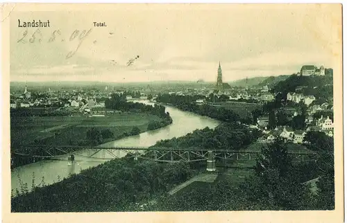 Ansichtskarte Landshut Totale, Brücke 1909 gel. Stempel Landshut