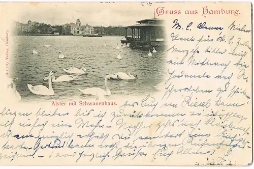 Hamburg Alster mit Schwanenhaus, Schwäne 1898 Ankunftsstempel Hameln