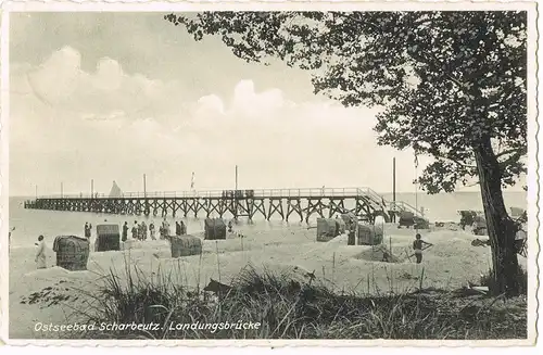 Ansichtskarte Scharbeutz Strand, Landungsbrücken 1938 gel. Bahnpost-Stempel