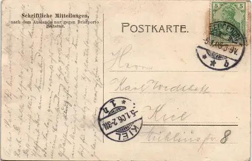 Ansichtskarte Sande Partie am Pastorat 1906  gel. Ankunftsstempel Kiel