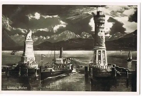 Lindau (Bodensee) Hafen, Dampfer - Künstlerkarte-Stimmungsbild 1932