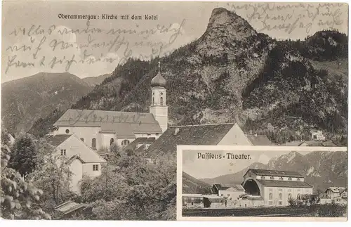 Ansichtskarte Oberammergau 2 Bild: Kirche, Passionstheater 1909