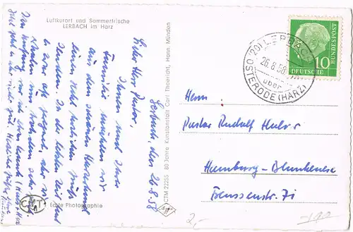 Lerbach-Osterode Harz Stadt 1958  gel. Landpost-Stempel Lerbach über Osterode