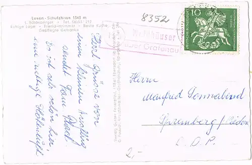 Waldhäuser-Neuschönau Lusen 1968  gel. Landpoststempel Waldhäuser über Grafenau