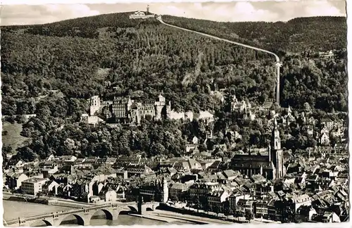 Ansichtskarte Heidelberg Panorama-Ansicht mit Bergbahn zum Königstuhl 1955