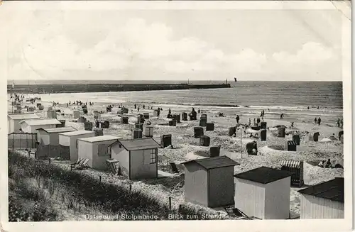 Stolpmünde Ustka Strand, Umkleidehäuschen Mole 1933 gel Mischfrankatur Stempel