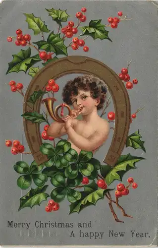Hufeisen Junge Trompete Misteln Christmas Weihnachten 1906 Silber-Effekt