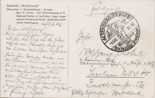 Ansichtskarte Dönschten-Dippoldiswalde Gasthof Waldesruh 1943  gel. Feldpost WK2