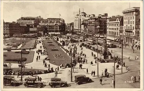 Postcard Manchester PICCADILLY AND GARDENS - Autos 1949