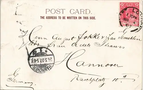Postcard East London (Südafrika) Deal Hotel 1907 gel. Ankunftstempel Hannover
