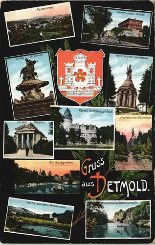 Detmold MB: Palais, Denkmal, Externsteine uvm. 1909 gel. Bahnpost Herford