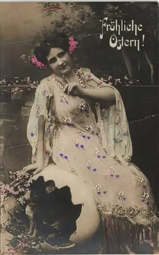 Ostern Easter - schöne Frau Osterhase Riesenei - Fotokunst coloriert 1911