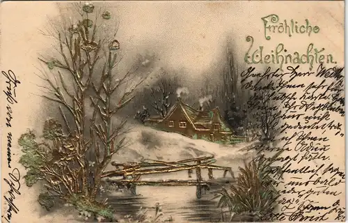 Weihnachten: Winterlandschaft - Prägekarte Haus Goldrelief 1904  Prägekarte