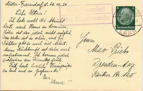 Niederfrauendorf-Glashütte  1934  über Dippoldiswalde (eckiger Langstempel)