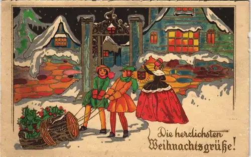 Künstlerkarte Weihnachten Junge und Mädchen ziehen Stamm 1923 Silberrand