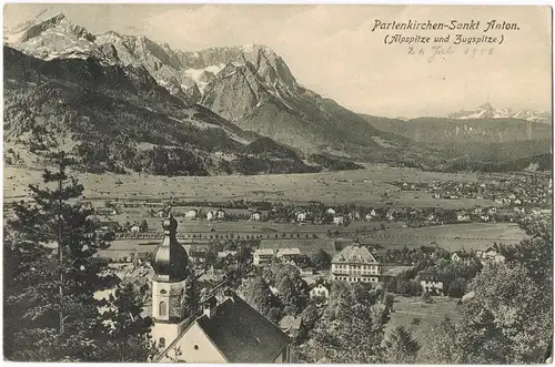 Partenkirchen-Garmisch-Partenkirchen Stadtpartie mit Zugspitze 1908