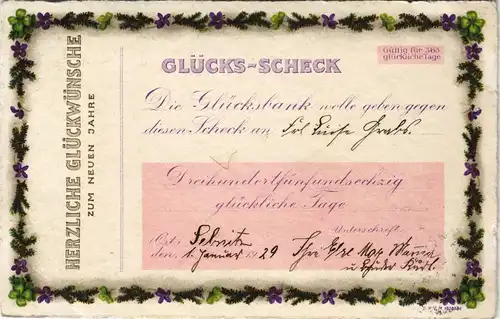 Ansichtskarte  Glückwunsch Neujahr/Sylvester "Glücks-Scheck" Neues Jahr 1928