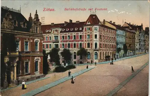 Ansichtskarte Zittau Bahnhofstraße mit Postamt 1910