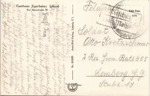 Merschwitz-Nünchritz (Elbe) Gasthog, Jägerheim, Löbsal gel. Feldpost eckiger Landpoststempel 1940