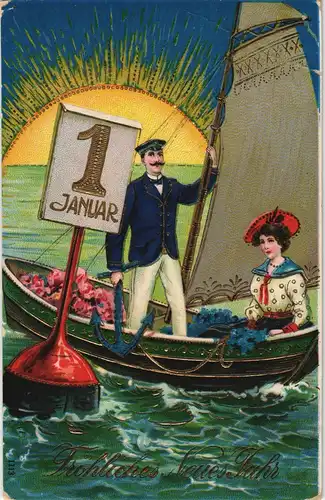 Glückwunsch - Neujahr Mann und Frau auf Segelboot Prägekarte 1908 Goldrand