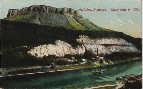 Porschdorf-Bad Schandau Lilienstein & Elbe Panorama mit Schiff 1910