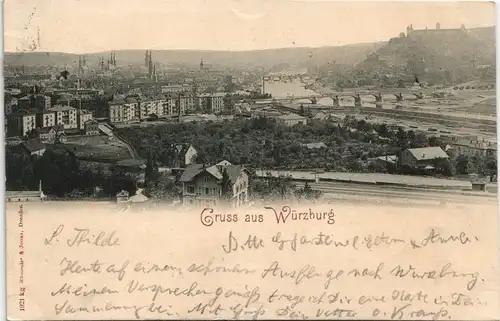 Würzburg Panorama-Ansicht Stadt Gesamt 1897   gel Wiesbaden (Ankunftsstempel)