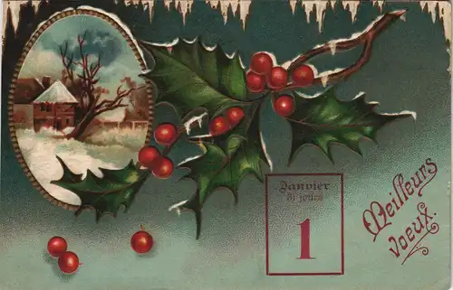 1. Januar Neujahr - Mistelzweig, Prägekarte - France 1907 Prägekarte