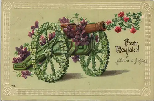 Glückwunsch - Neujahr/Sylvester: Blumen-Kanone 1908 Prägekarte