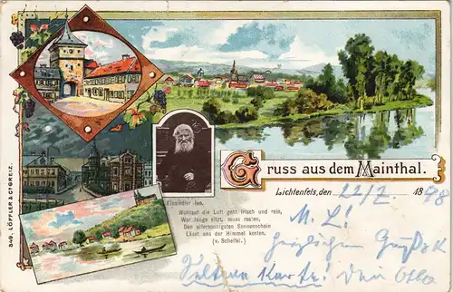 Litho AK Lichtenfels 1898 Maintal MB Bahnpoststempel ZUG 2 Nachgebühr-Vermerk