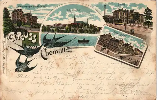 Litho AK Chemnitz Mehrbild mit Bahnhof Postamt 1898 SCHWERIN (Ankunftsstempel)