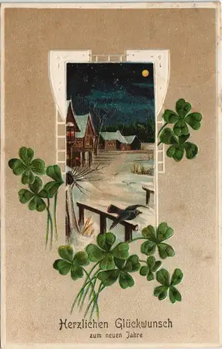 Neujahr/Sylvester - Winternacht - Kleeblatt JUGENDSTIL AK 1907 Prägekarte